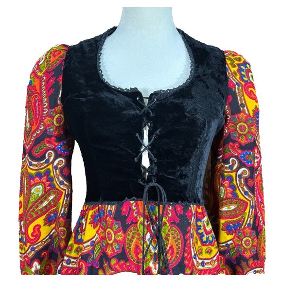 RARE 70s Vintage Young Innocent Maxi Corset Prairie Dress Bright Paisley Velvet - Picture 2 of 8